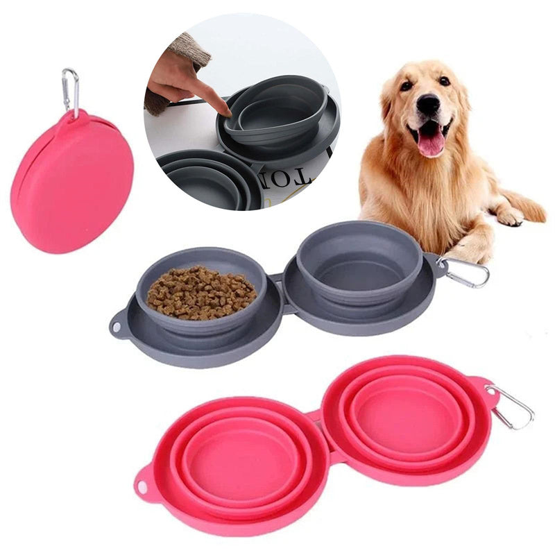 Rubber Foldable Double Bowl Feeding Bowls
